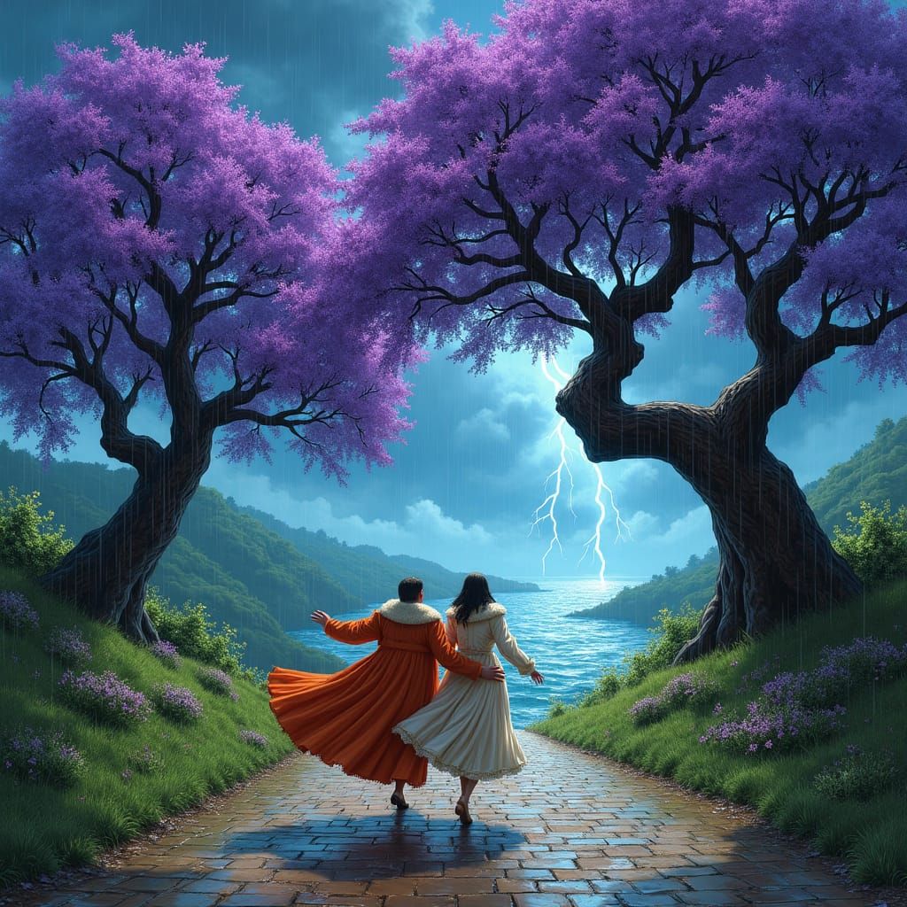 Jacaranda Trees in Spring Tempest, Manhwa Style