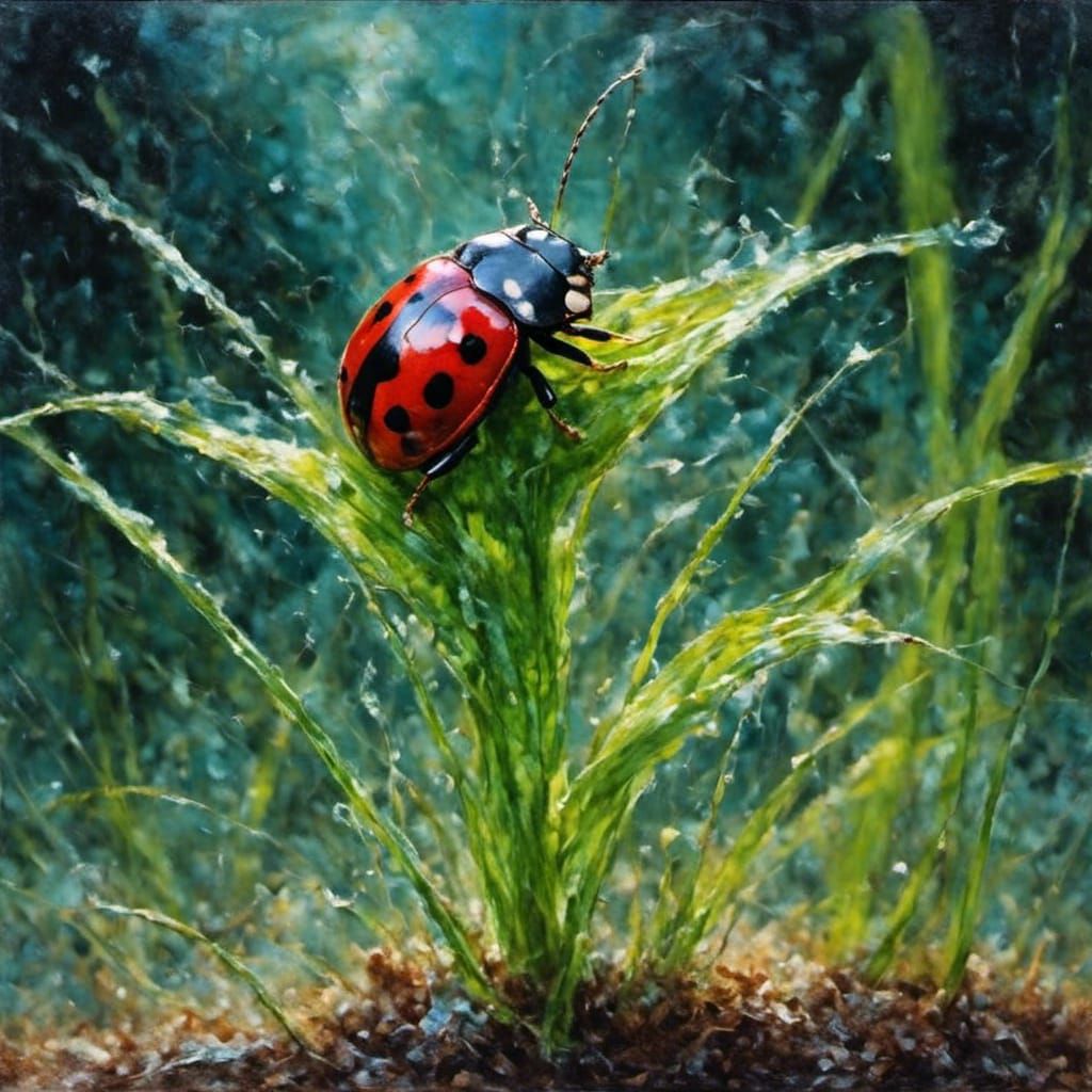 <lora:Mnemcore:1.0> Lady bug on a blade of glass grass. oil painting by James Gurney gouache detailed painting