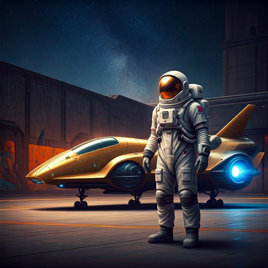 Futuristic Astronaut Heroically Stands Beside Gleaming Space...