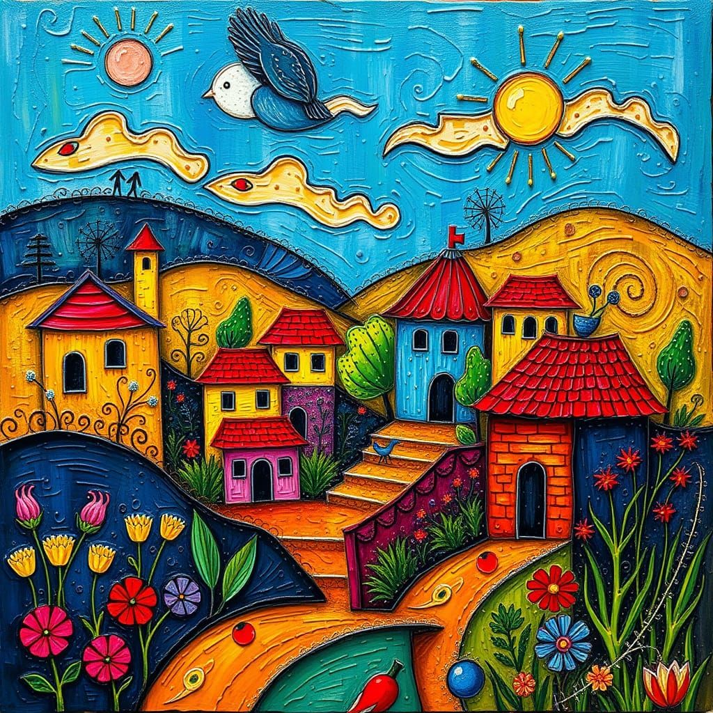Vibrant Folk Art Scene with Naive Charm