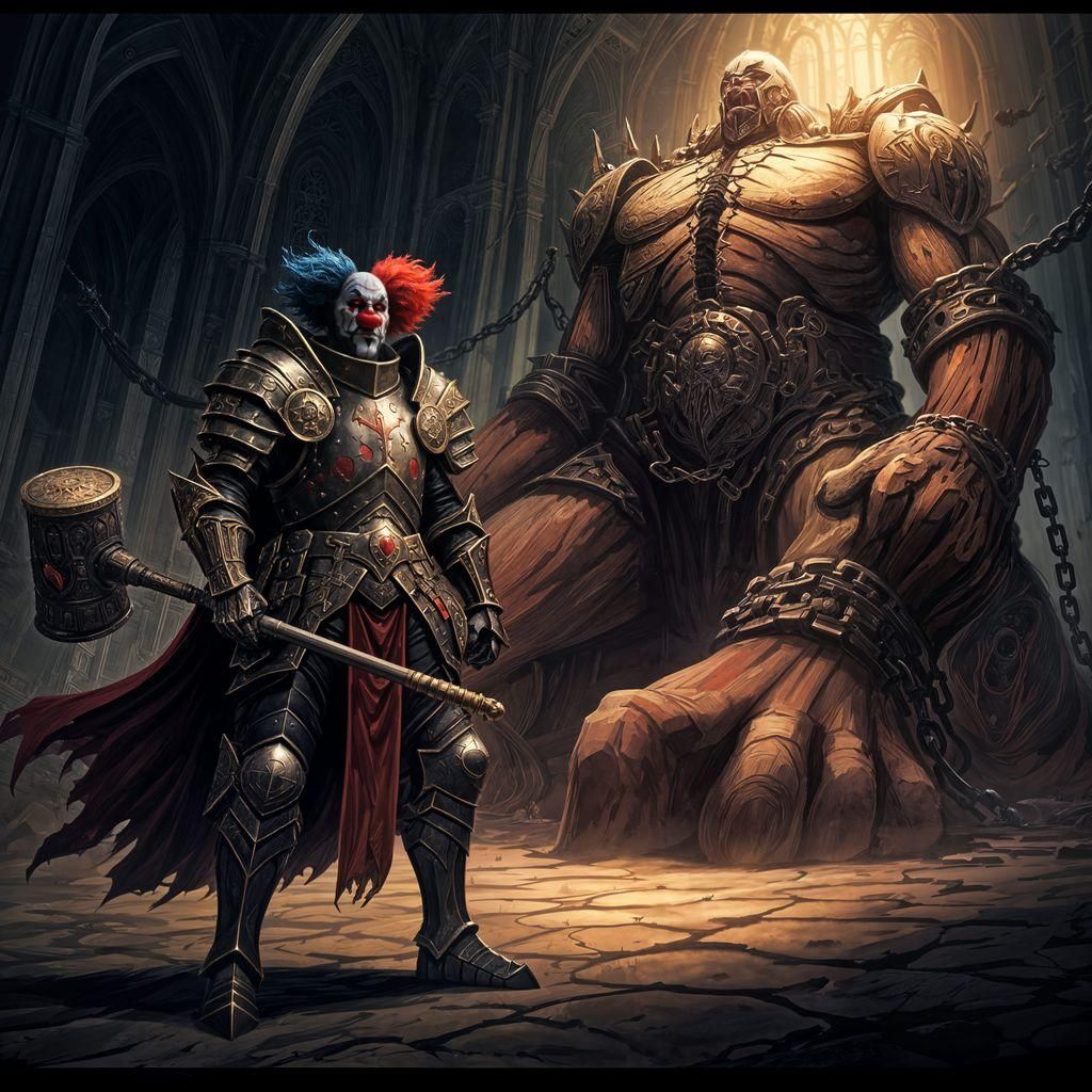 Plate Armored Paladin in Clown Attire Stands Guard over Chai...