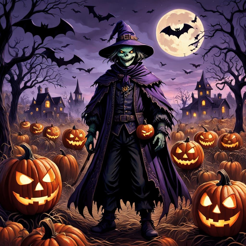 Scarecrow Guards Smiling Pumpkins in Twilight