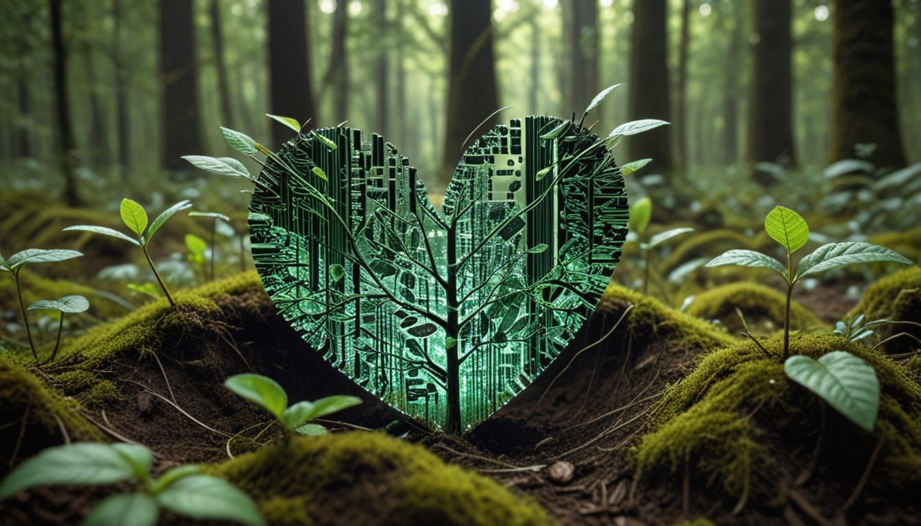Cyberpunk Forest: Microchip Leaves and Barcode Roots