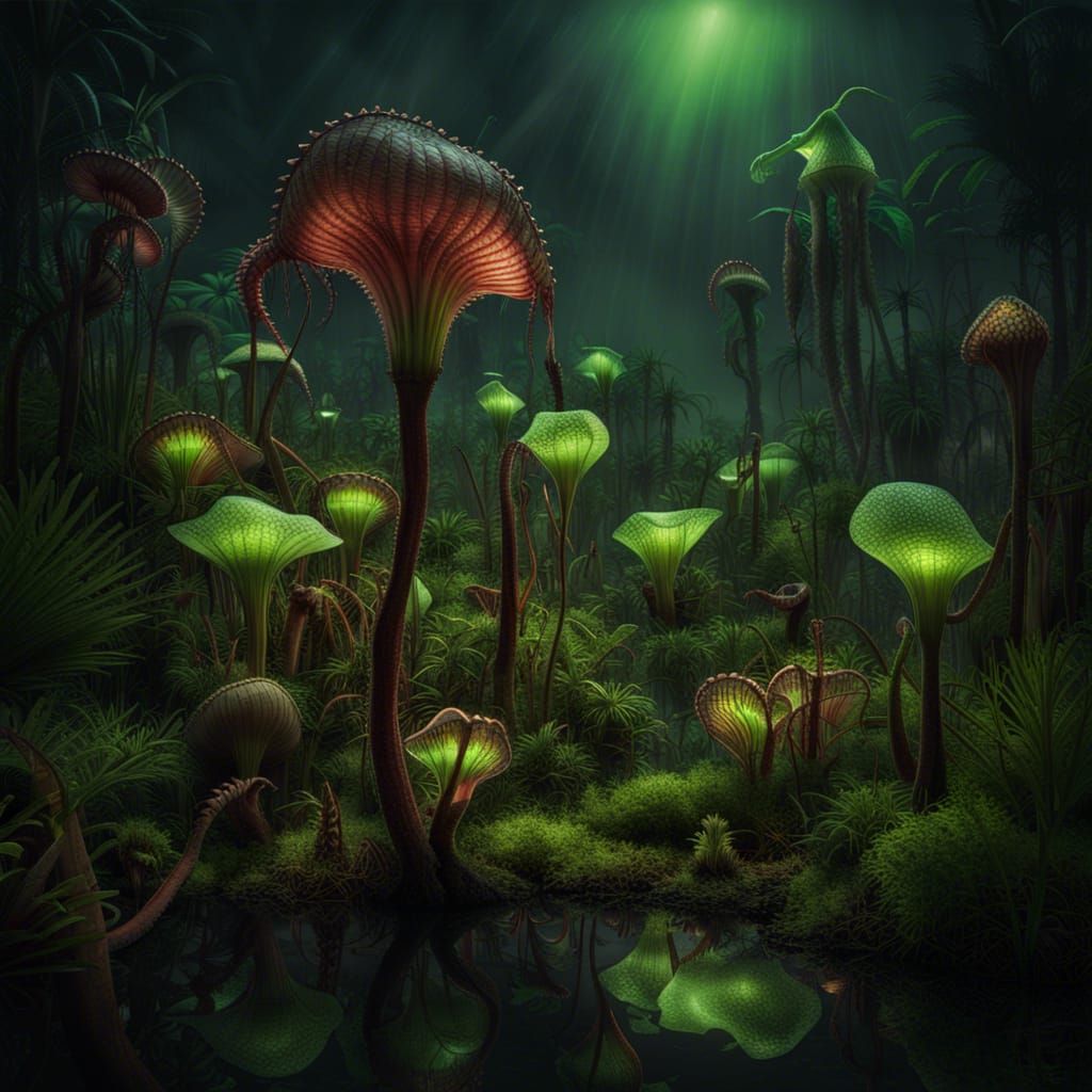 Bioluminescent Carnivorous Plants in Subtropical Wetland