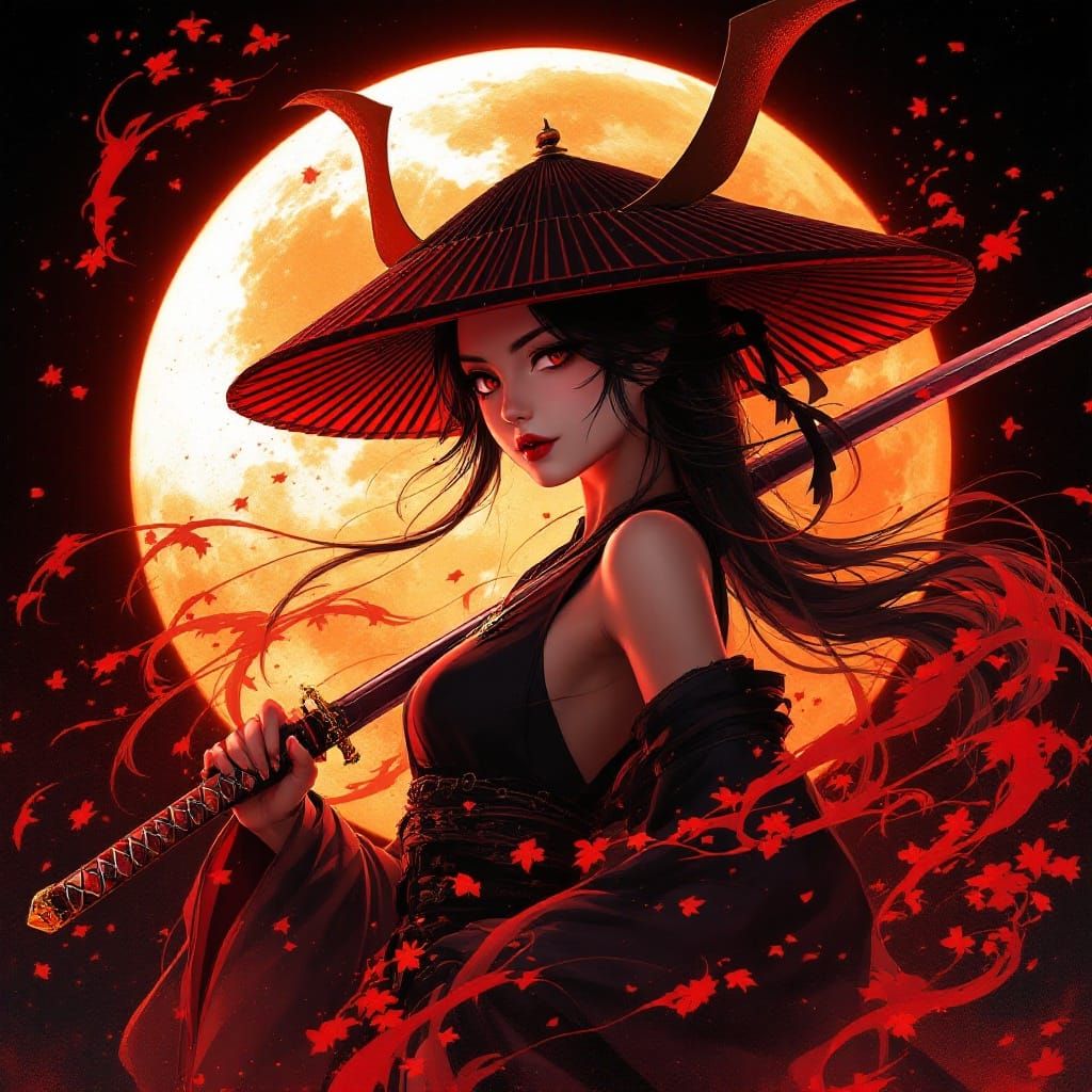 Red Hat Samurai Girl Portrait with Katana