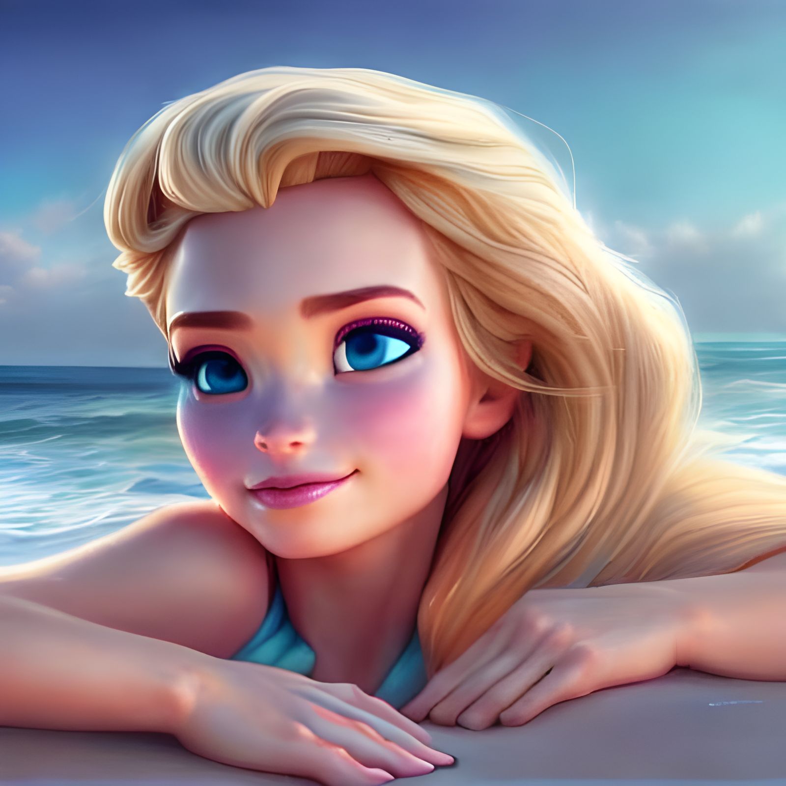Elsa Relaxing at the Beach: Hyperrealistic Portrait