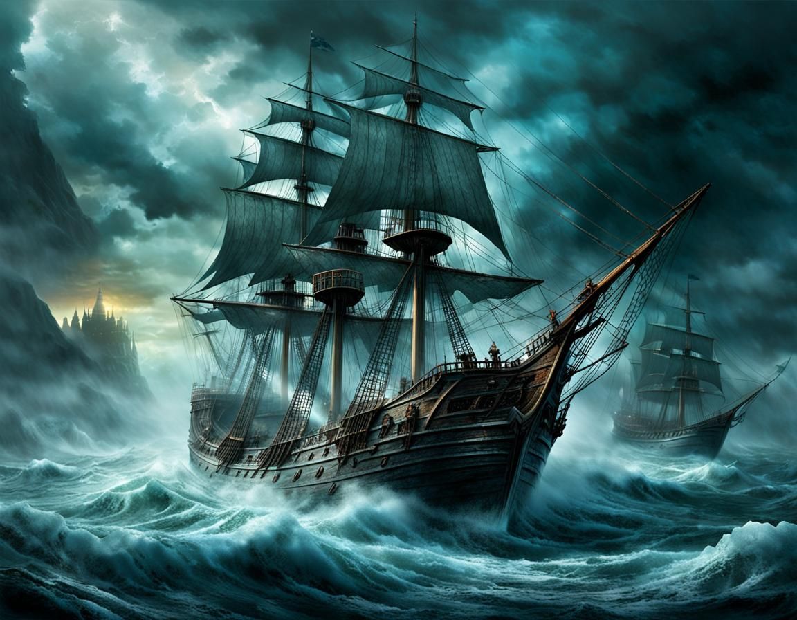 Phantom Ship Sailing a Swirling Sea