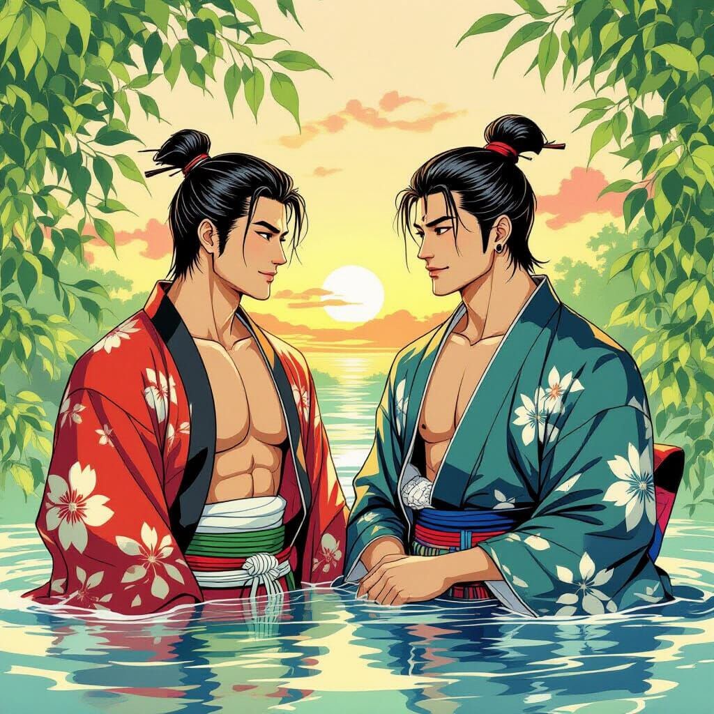 Ukiyo-e Sunset: Asian Figures in Lush Japanese Garden