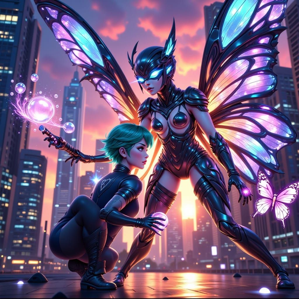 Sailor Mercury vs. Heavy Metal Papillon in Anime Cityscape