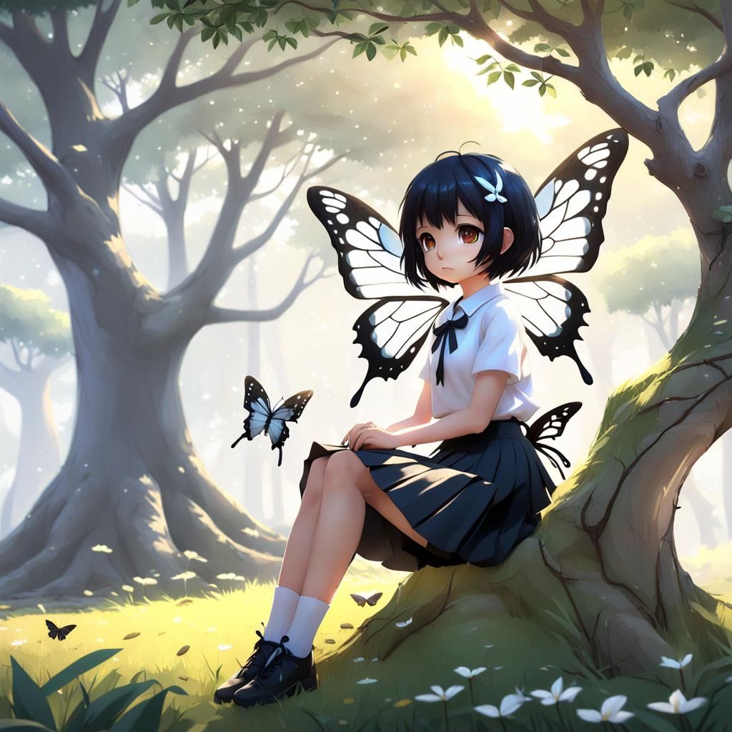 Anime Girl with Butterfly Wings by Tree