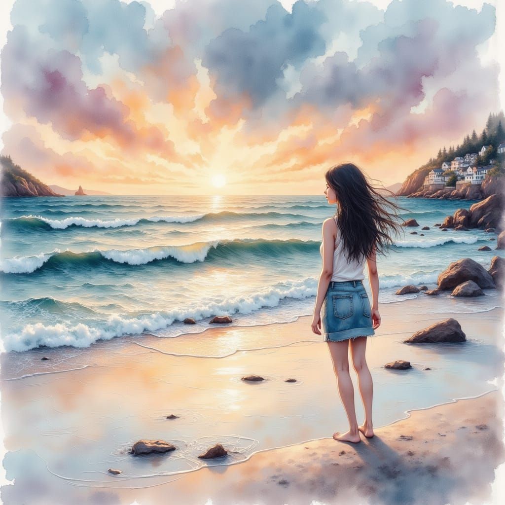 Poetic Watercolor Twilight Ocean Scene