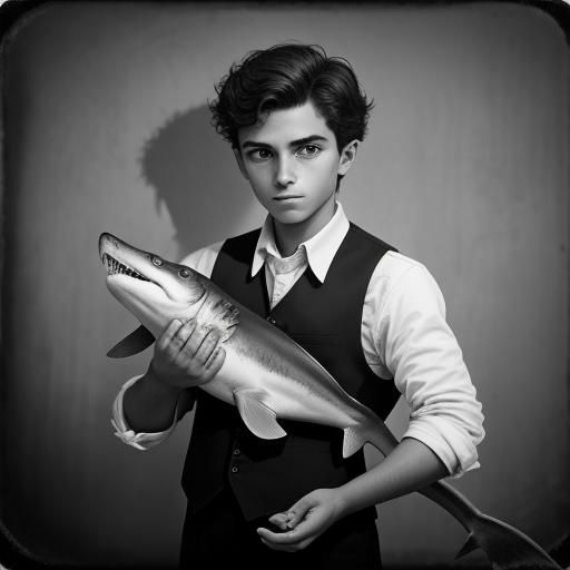 Young Boy Touches Shark: Vintage Black and White Photo