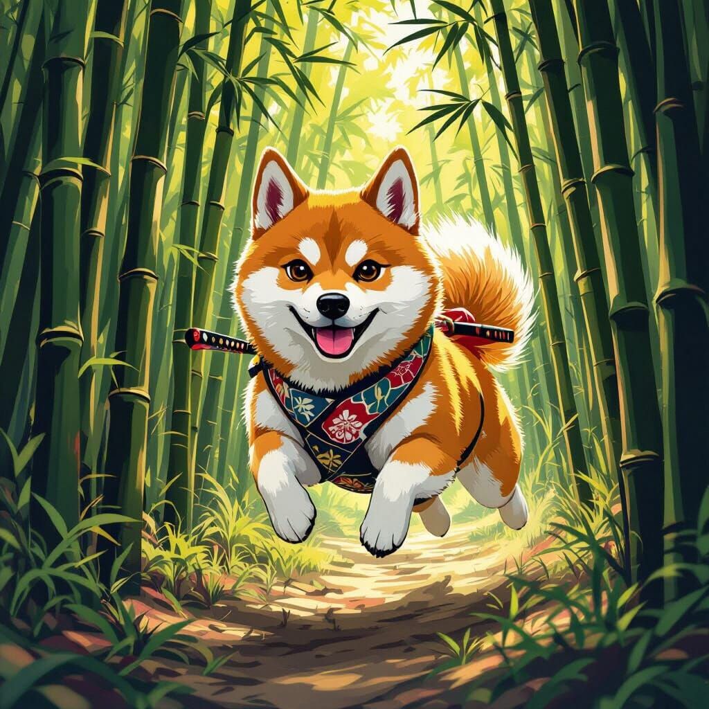 Samurai Shiba Inu in Polychromatic Japanese Art Style