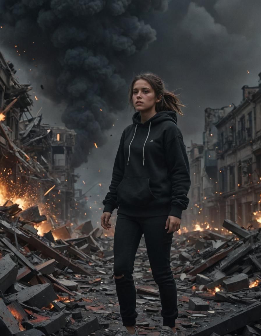 Urban War Scene with Girl in Hoodie, Cinematic Render