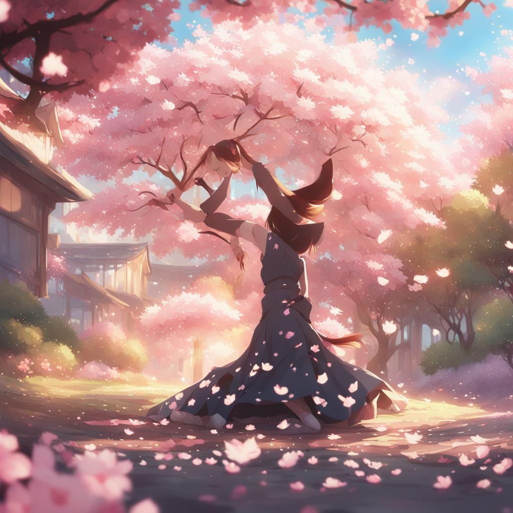Anime Girl Under Cherry Blossom Tree in Sunlight