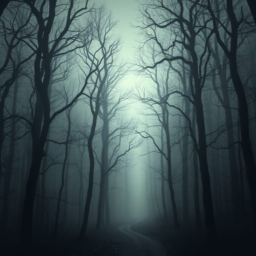 Eerie Glow in a Dense, Mist-Shrouded Forest