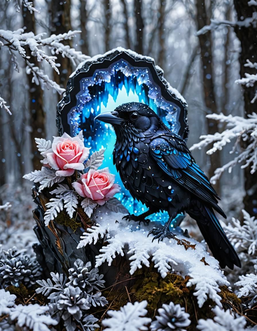 Neon Crystal Geode with Raven in Holographic Watercolor