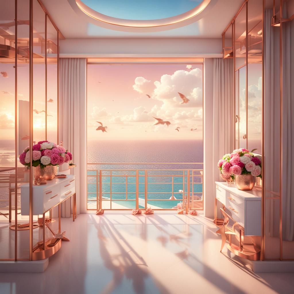 Modern Rose Gold Wedding Room with Sea View