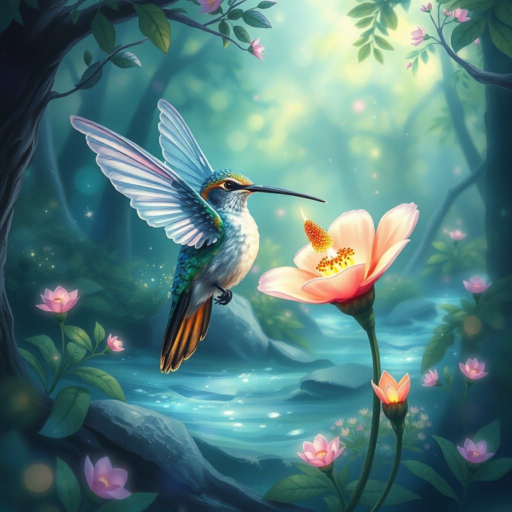 Iridescent Hummingbird in Enchanted Bioluminescent Forest