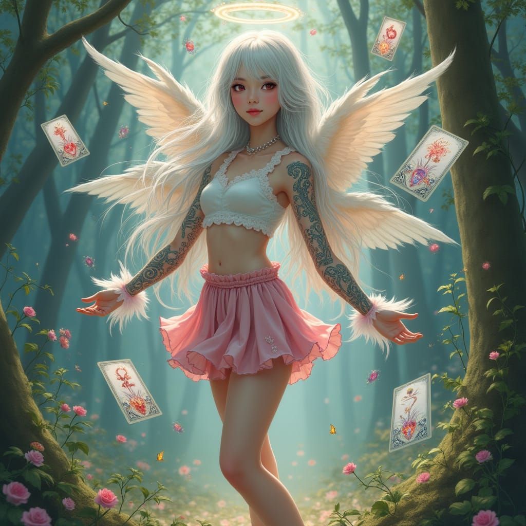 Ethereal Japanese Angel Amidst Whimsical Tarot Cards in Drea...