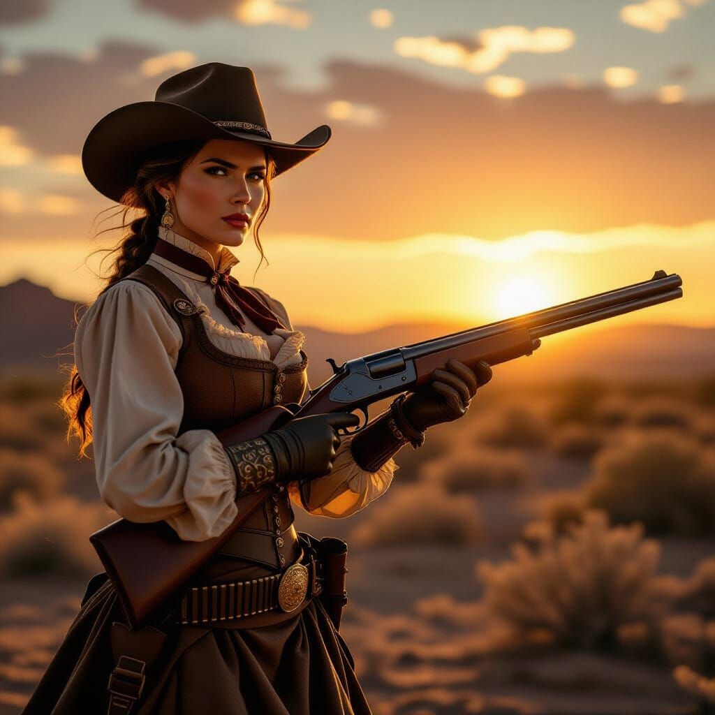 Fierce Woman with Shotgun in Wild West Landscape
