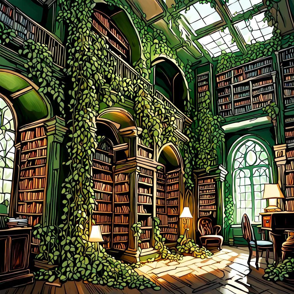Ancient Library with Ghostly Patron in Hyperrealism