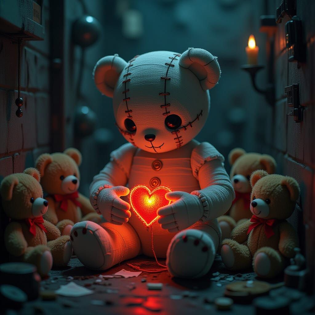 Heart Mender: Fabric Creature Sewing Hearts in Candlelight