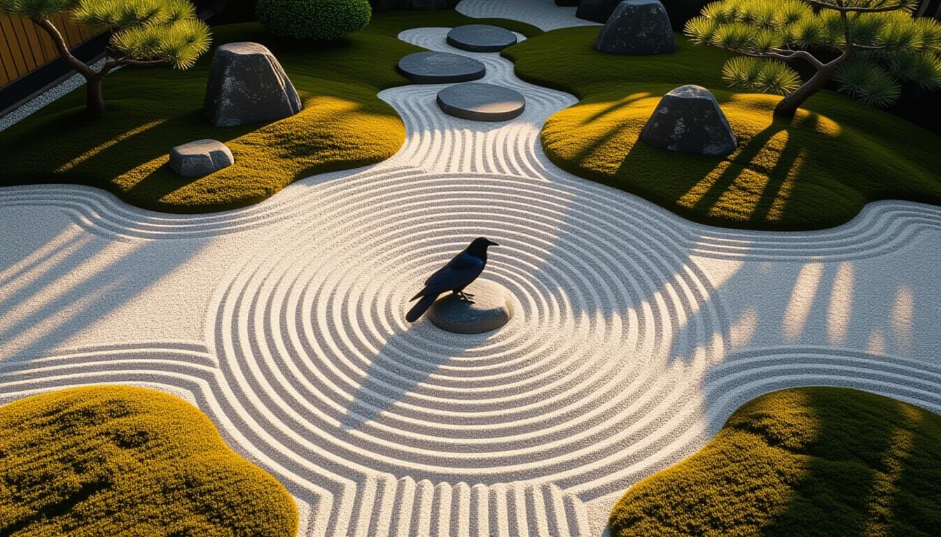 Zen Garden with Raven in Minimalist Style