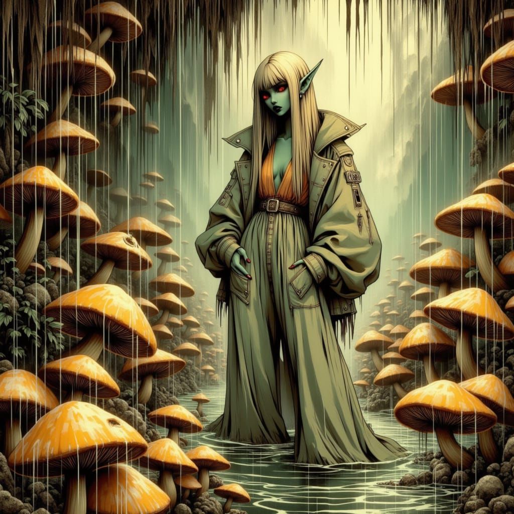 Cyborg Queen in Bioluminescent Grotto, Art Nouveau Style