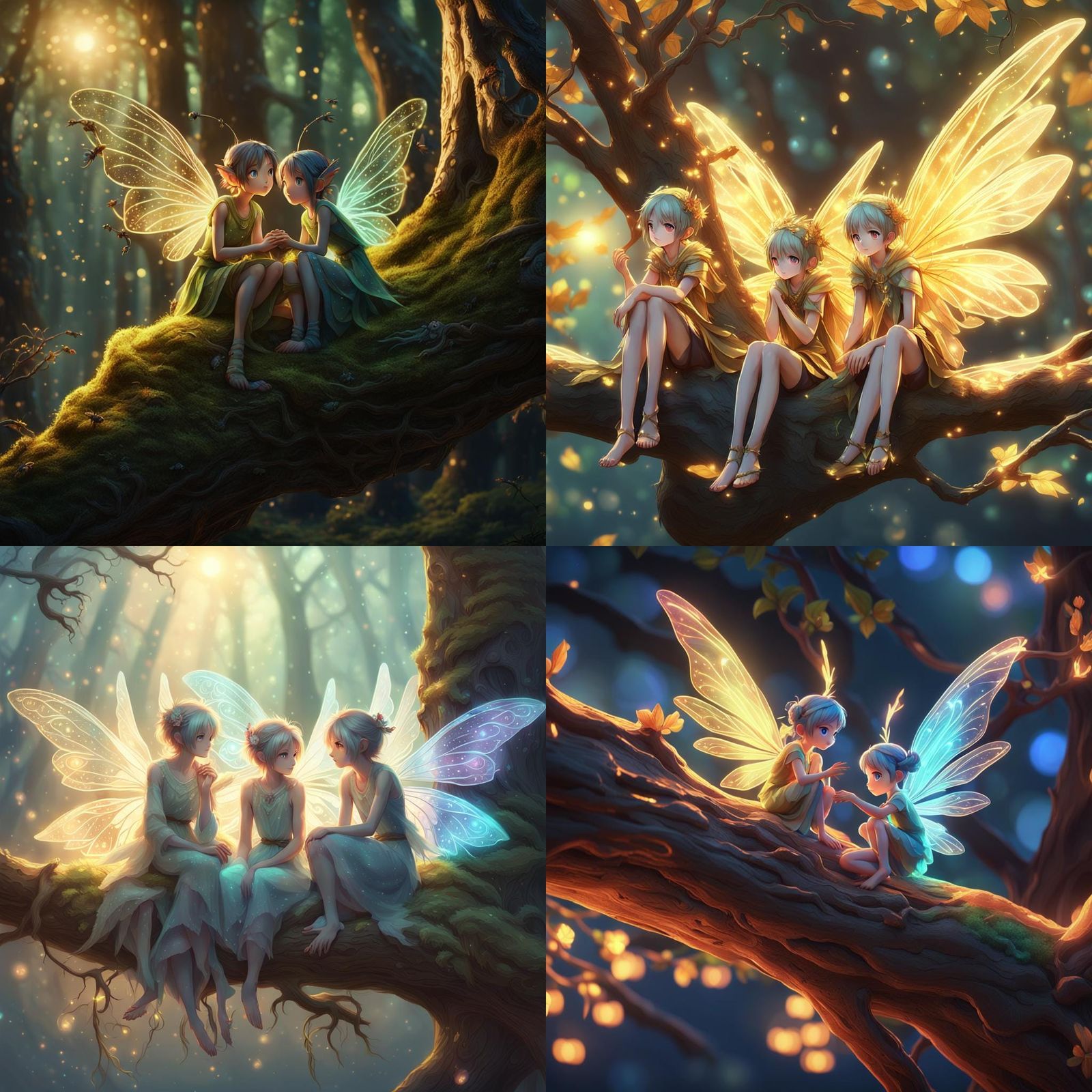 Fairies sitting on the tree branch of an ancient tree