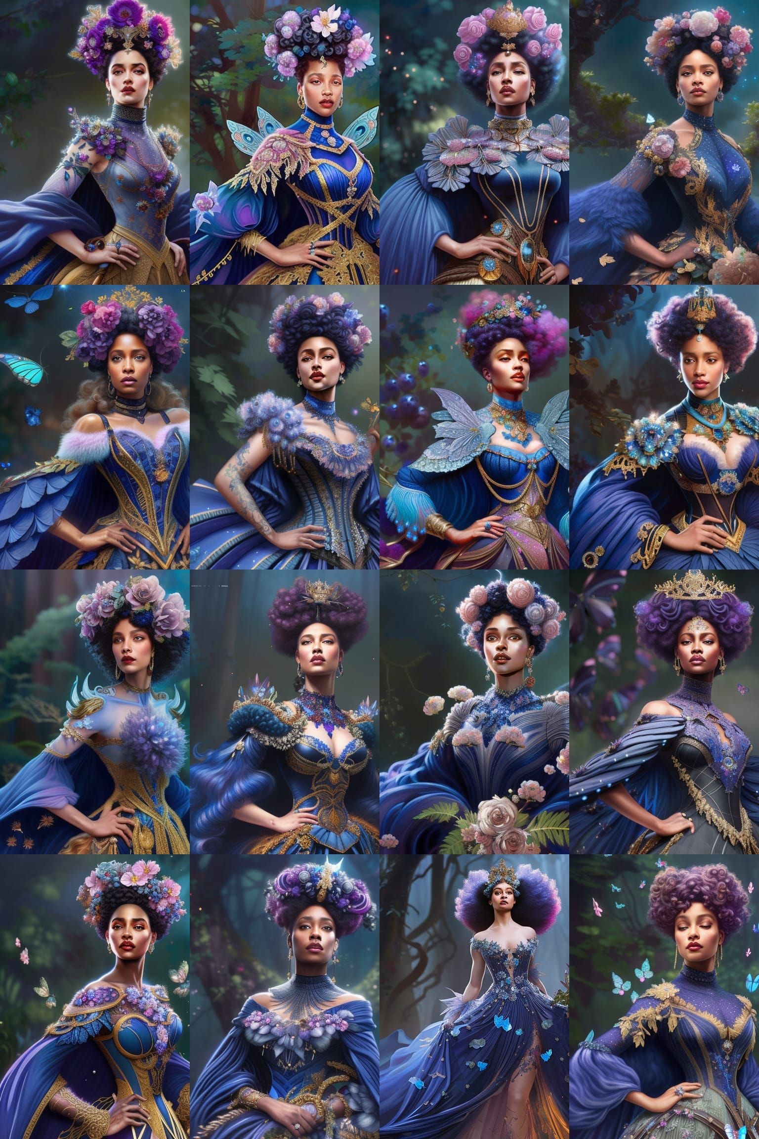 Indigo Butterfly Queen Portrait, Detailed Art Nouveau Style