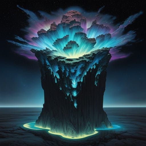 Surreal Clay Vessels Teeter on Iridescent Cliffs, Fractals S...