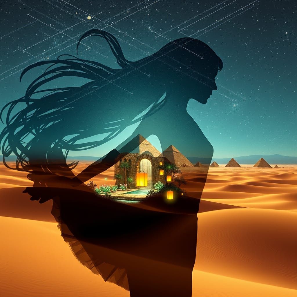 Ballerina Silhouette Merging with Desert Landscape in Ink Pa...