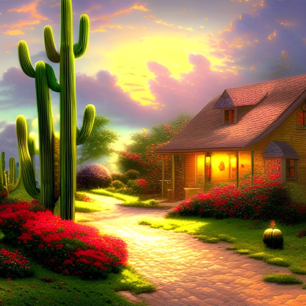 Desert Adobe House in Hyperrealistic Thomas Kinkade Style