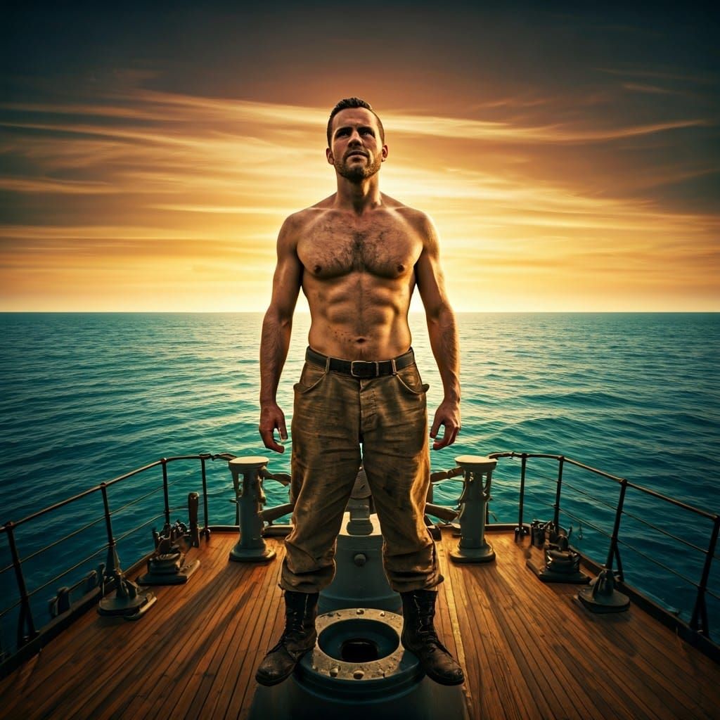 Sailor Stands at Helm of Ancient Warship Gazing Out to Turqu...