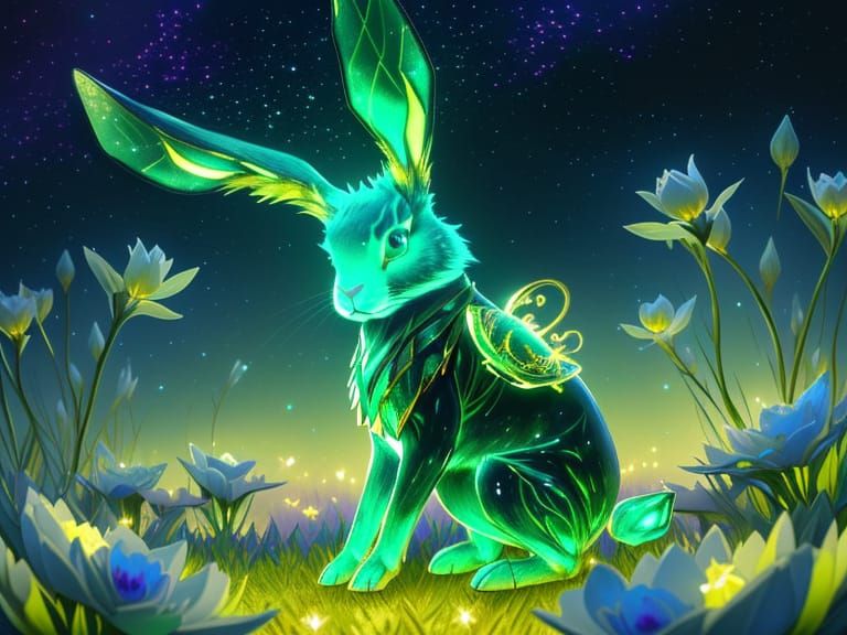 Golden Rabbit with Emerald Eyes in Bioluminescent Field
