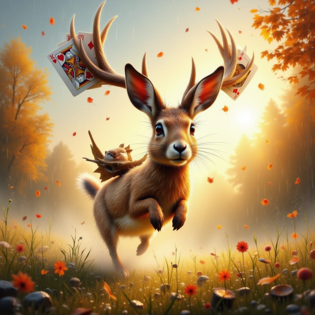 Mischievous Jackalope With Playing Card Antlers Leaps Throug...