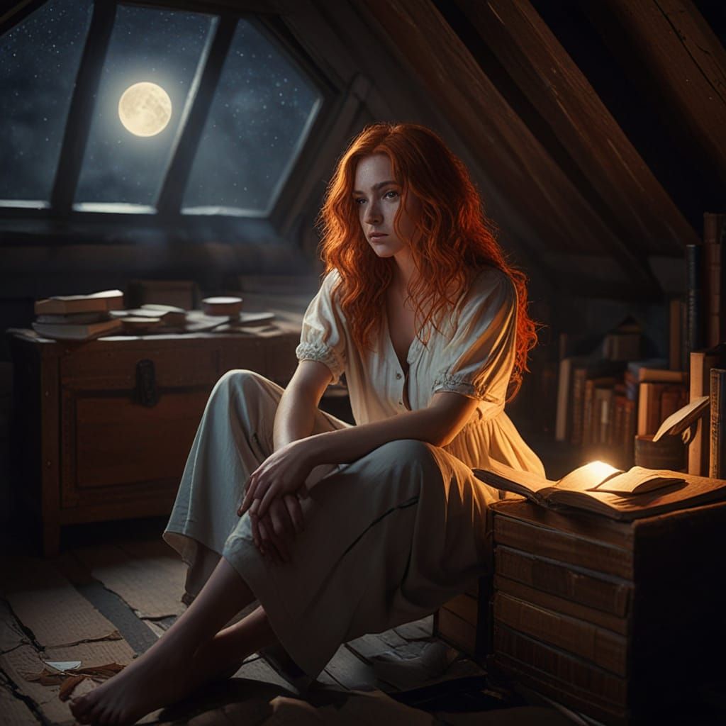 Lonely Red-Haired Woman in Attic at Night