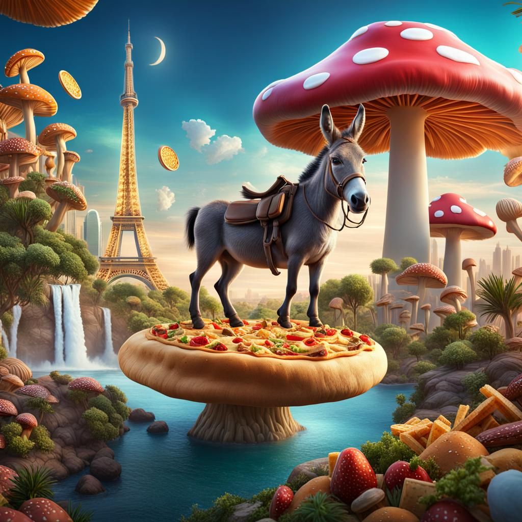 Surreal Donkey and Floating Foodscape in Dreamy Landscape
