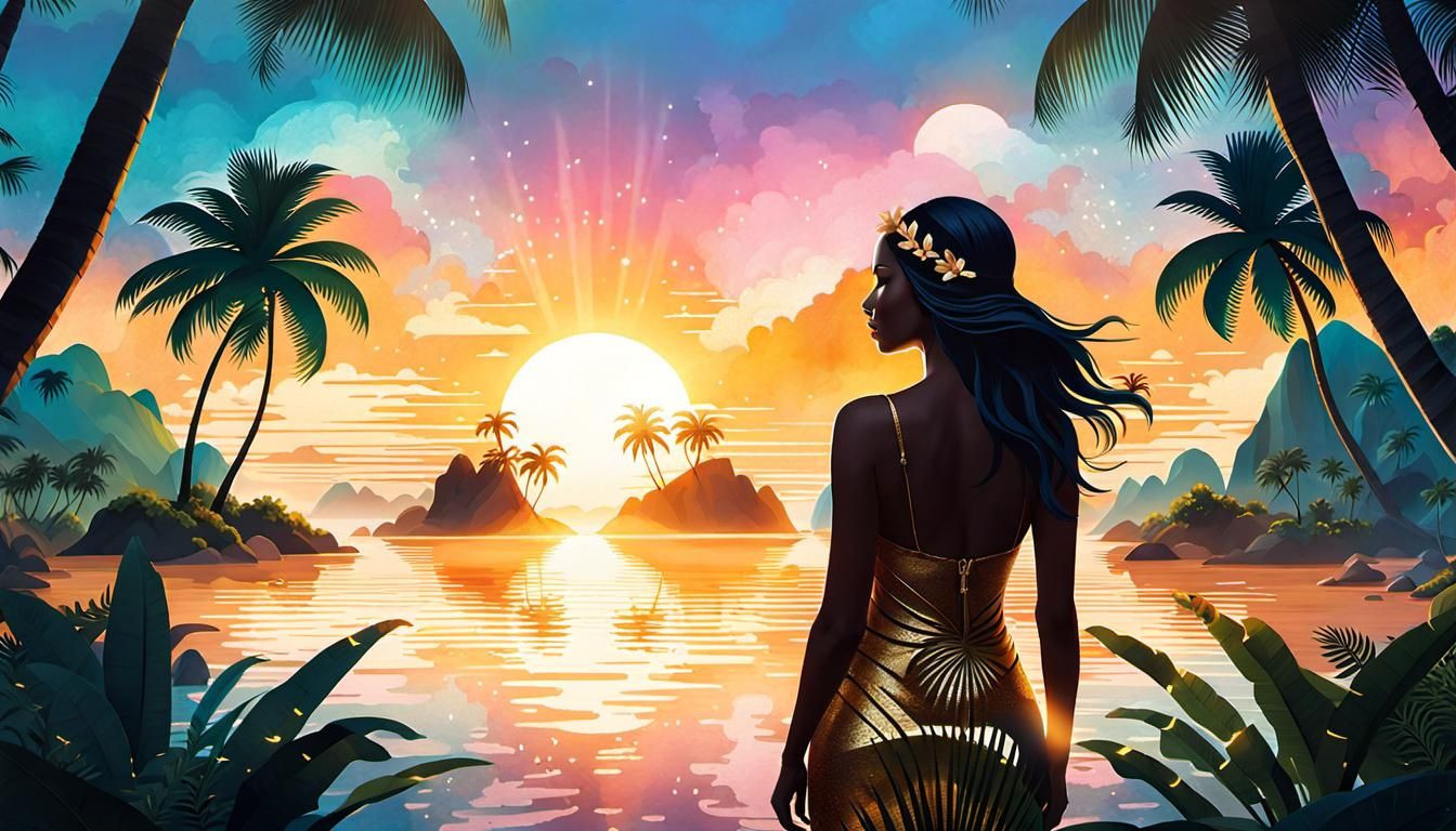 Tropical Island Oasis Silhouette at Dawn