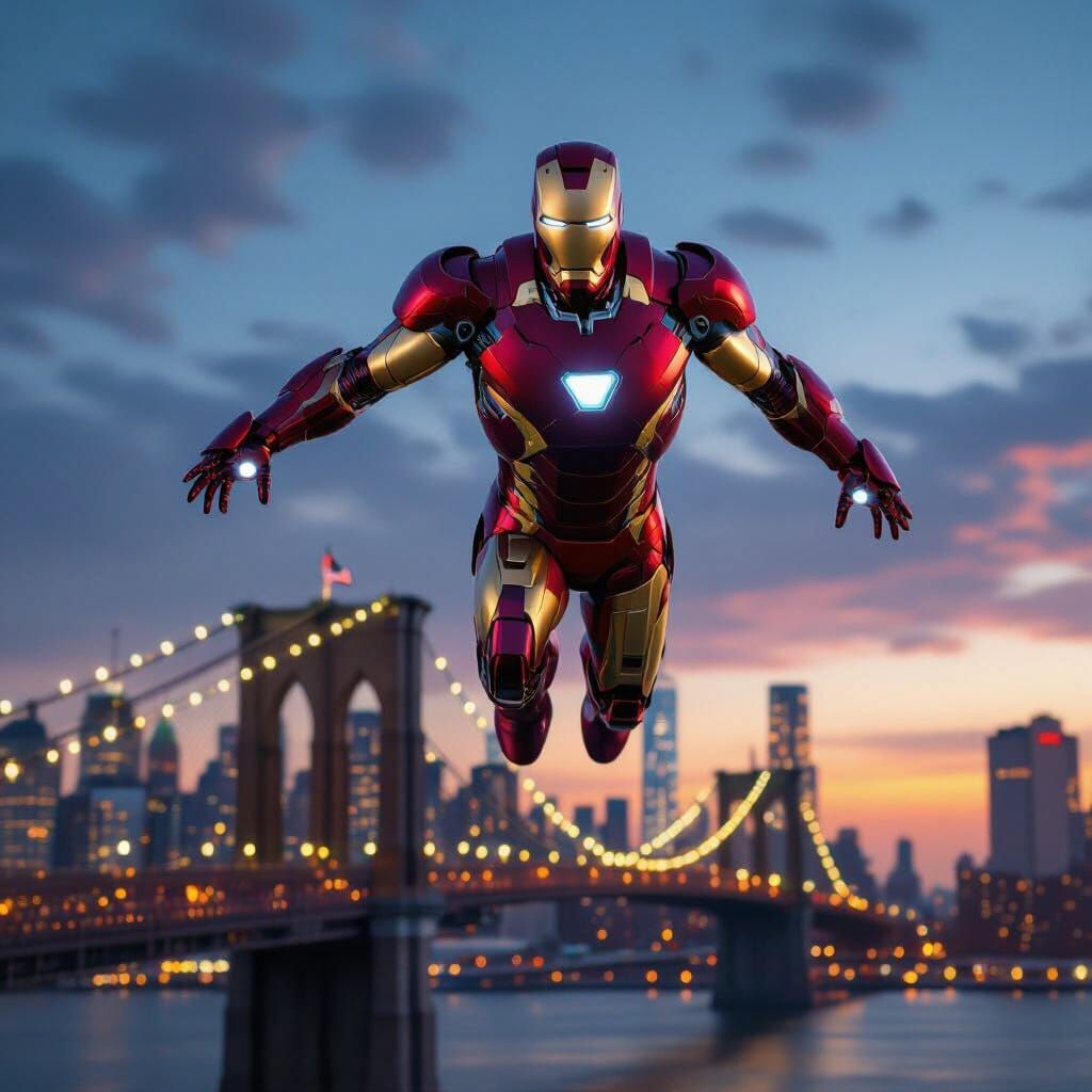 Iron Man Soars Over Brooklyn Bridge at Twilight