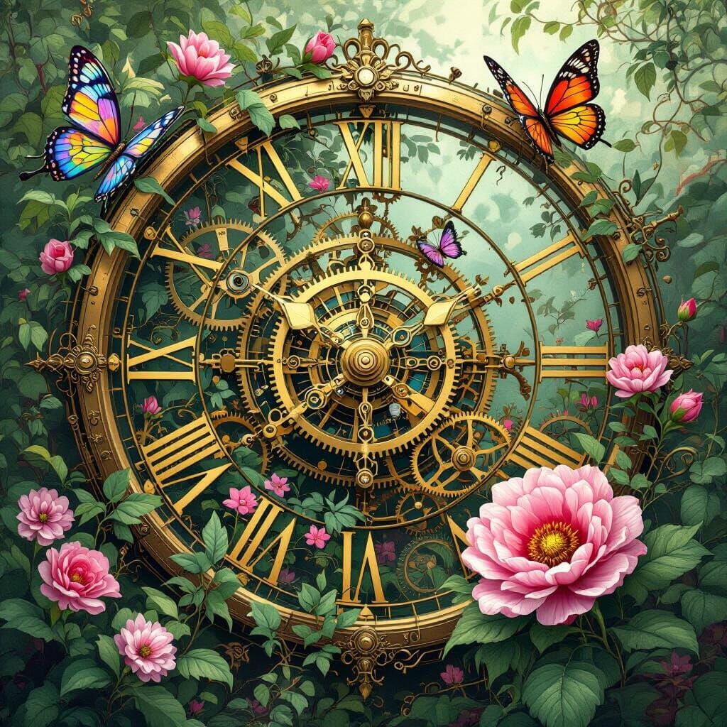 Whimsical Clockwork Garden Blooming with Time and Flora