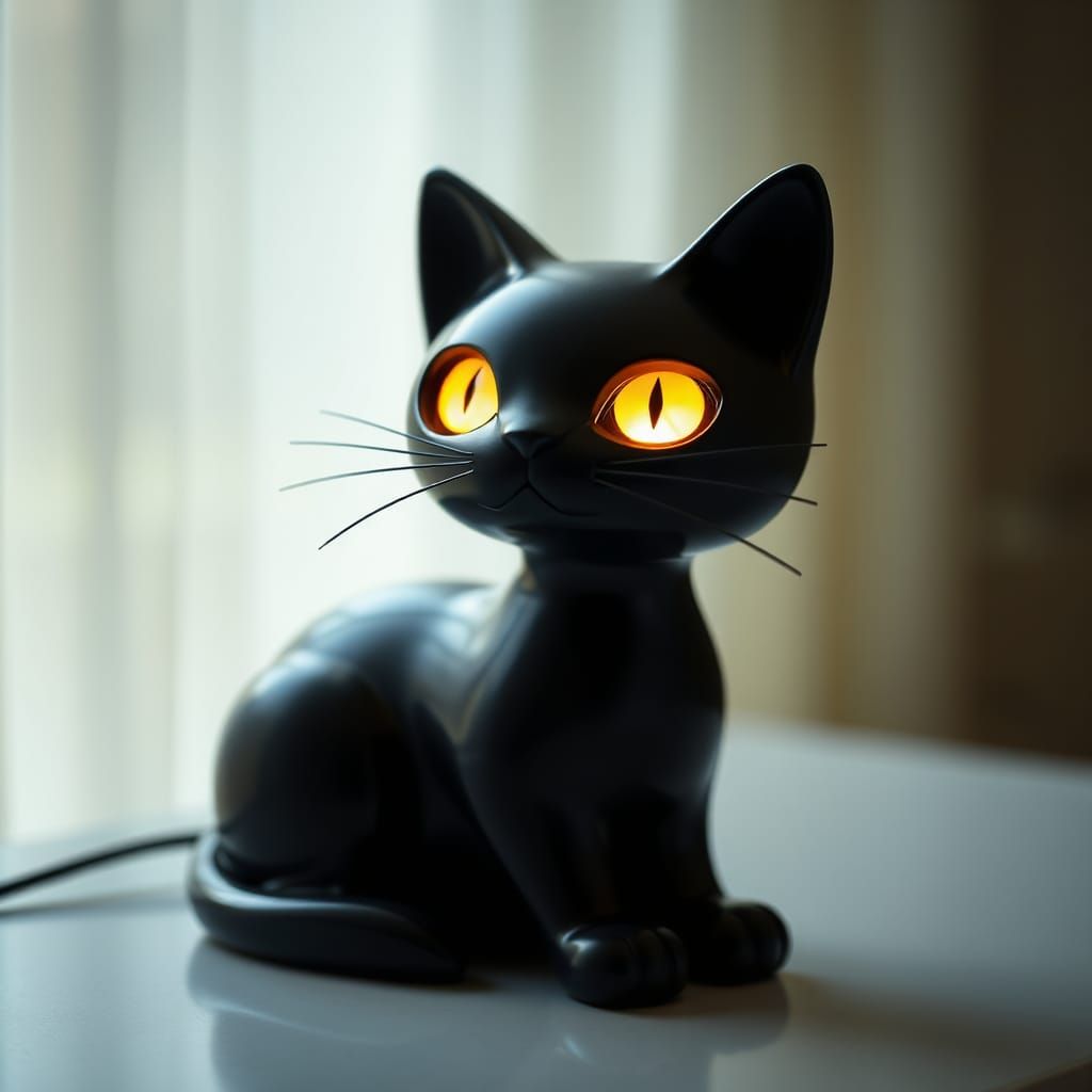 Sleek Black Cat Lamp Emitting Golden Light