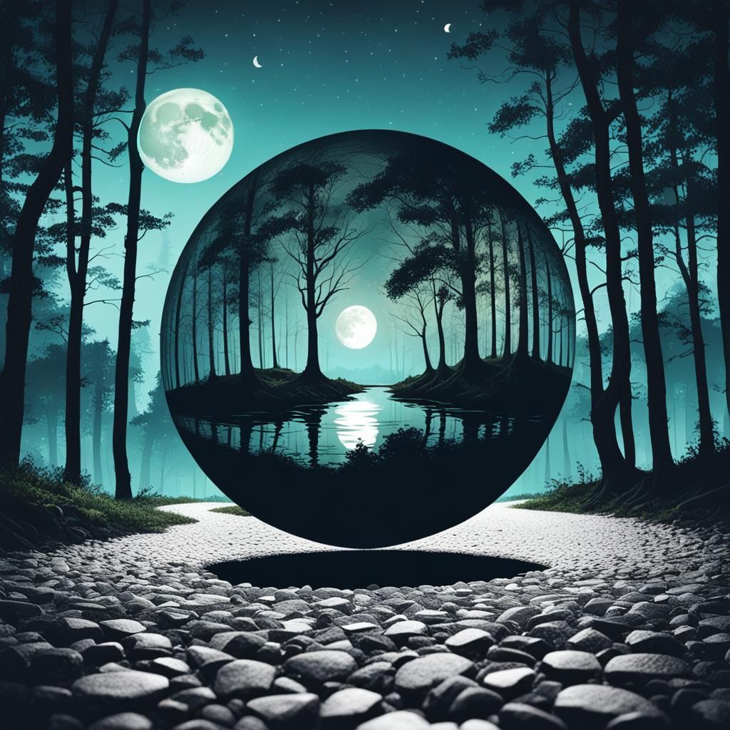 Gravel Path to Moonlit Orb: Double Exposure Art