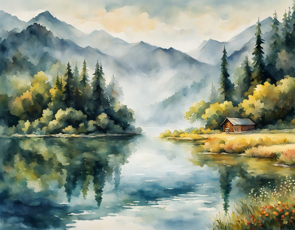 Serene Misty Landscape with Majestic Mountains and Calm Lake