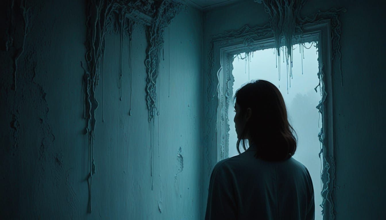 Surreal Woman Explores Mysterious Wall Opening in Dreamlike ...