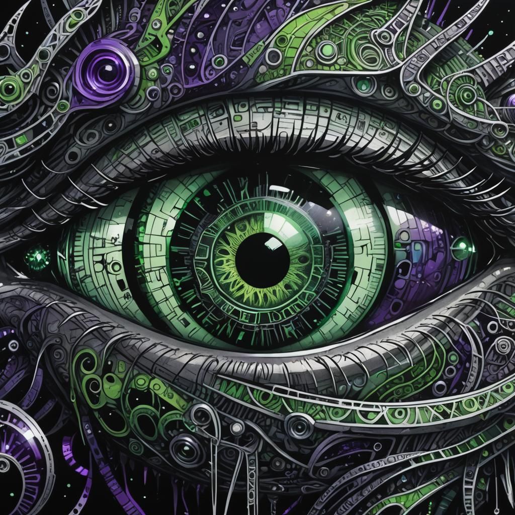 Cyberpunk Eye Close-up with Zentangle Patterns