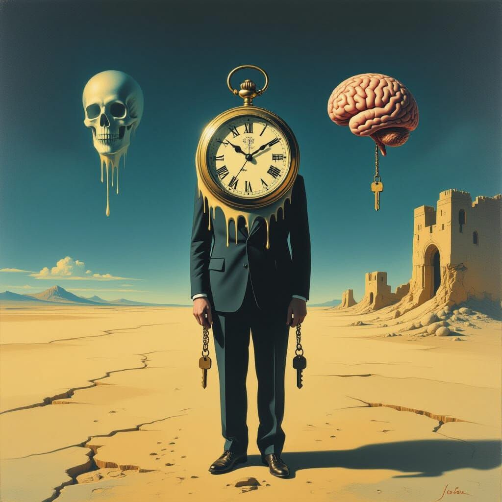 Surrealist Man With Melting Watch and Floating Brain