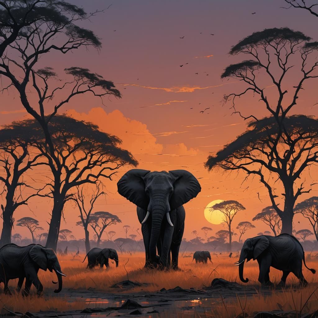 African Savannah Sunset: Hyperrealistic Splash Art