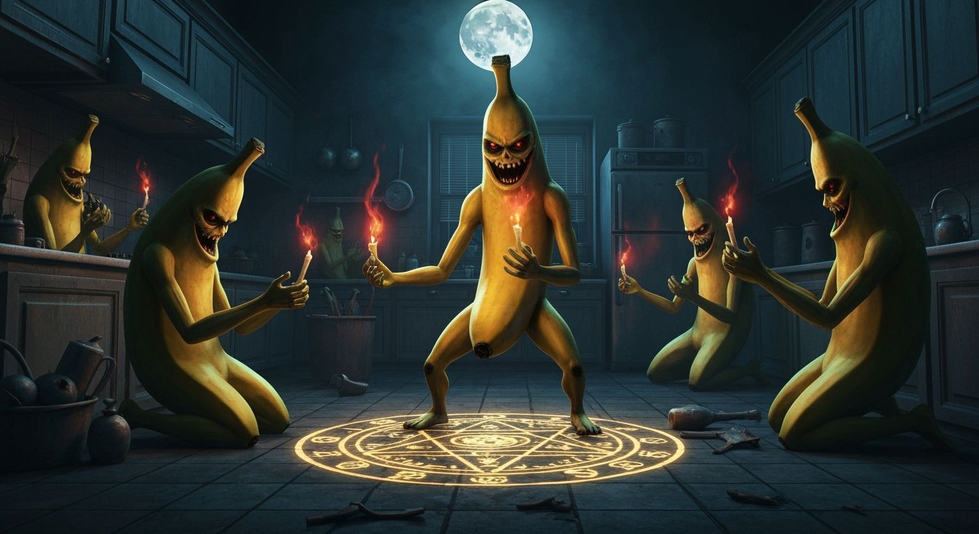 Malevolent Banana Coven Ritual in Moonlit Kitchen